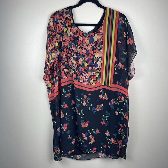 Marina Rinaldi Persona Size US 22 Tunic Dress Hibiscus Print Shift Yellow Artsy - Picture 1 of 9